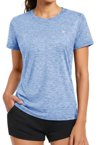 KEFITEVD Melange sportskjorta för kvinnor, kortärmad med reflexränder, andas, stretch, funktionell skjorta, rund hals, lätt t-shirt, snabbtorkande, löpartröja, normal passform, Melerad ljusblå, M