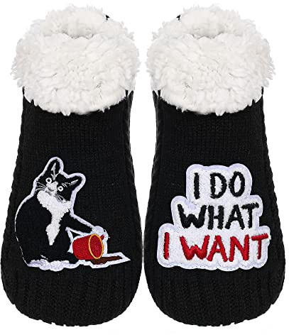 ZYZX Chaussettes Antidérapantes de Lit Femme Duveteux Hiver en Marine Couleurs Taille 35-41,Chausson Chaussette Tricot Fantaisie,Motif Chat