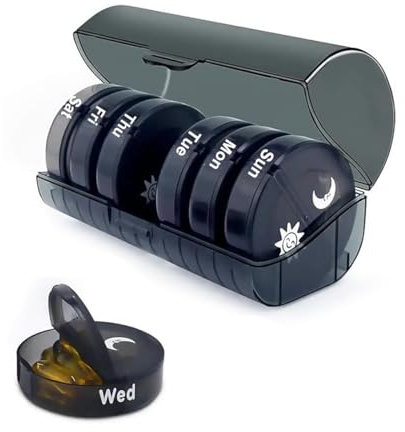 Ruayia Tablettenbox mit 7 Tage morgens abends 2 fächer, Klein Pillendose Große Fächer für Kinder äLtere und HäNde, Pillendose Unterwegs - Noir