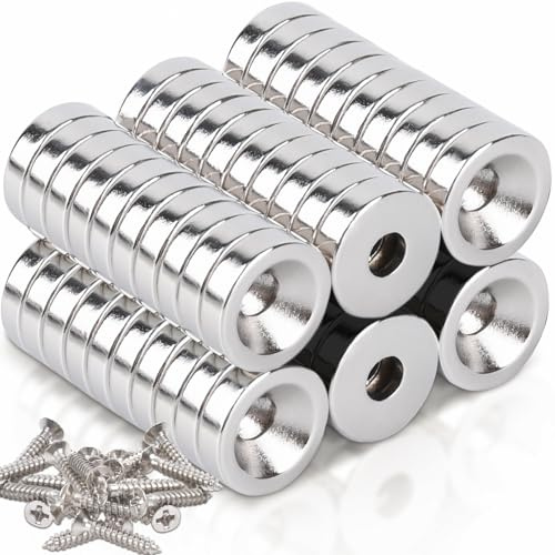 60 Stück Neodym Magnete Mit Loch 12x3 mm Blende 4mm Senkkopf Topfmagnet mit Schrauben, Klein Magnet Extra Stark für Magnettafel, Küchenschrank, Schranktüren Magnet für Badezimmer, Küchen