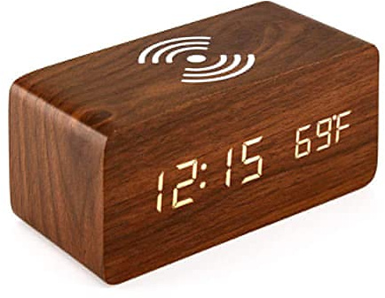 ChicBosomn väckarklocka med trådlös laddningsradio med dimbar LED-skärm som inte tickar eldriven dubbel väckarklocka med USB-laddare (B)