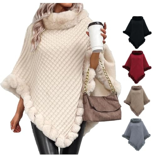 MAOAEAD Poncho de piel sintética, elegante capa con cuello de piel sintética y ribete de invierno cálido de punto para mujer, beige, Length: 80cm