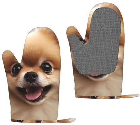 Cute Pomeranian Oven Mitts Set of 2 Heat Resistant Silicone Oven Gloves with Soft Lining Non-Slip Kitchen Cooking Mitt Long Waterproof Potholders Kitchen Essentials