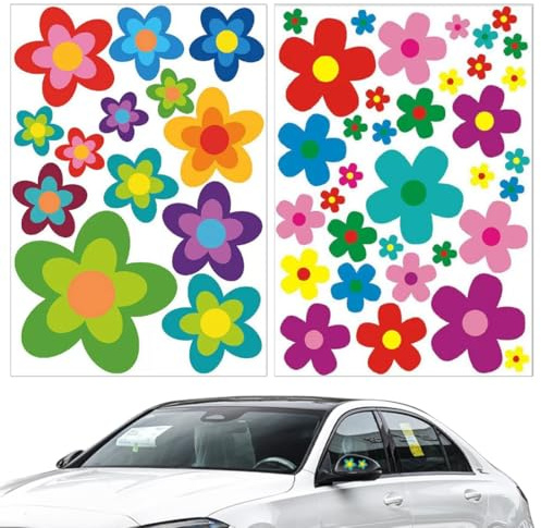 Autocollants de Voiture, 2 Pièces, autocollants stickers pour la voiture hippie fleurs fleur power été parfait, Fleur Sticker Autocollant Vinyle Automobile Décoration, Pour toute surface lisse