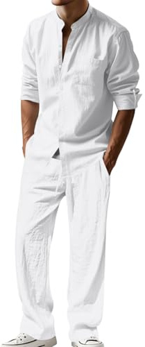 Oanviso Hombre 2 Piezas de Algodón y Lino Mangas Larga Camisa Moda Camiseta + Pantalones Deportivos Pantalón Completo Casual Traje Conjuntos Primavera Verano