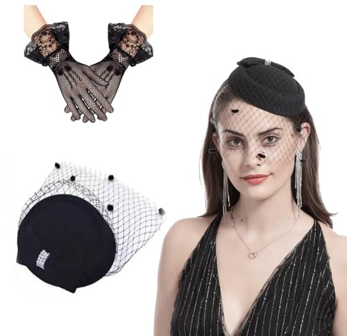 CBMZHF Un ensemble de gants en dentelle et une casquette plate avec un voile, noir, taille unique, accessoires pour occasions formelles