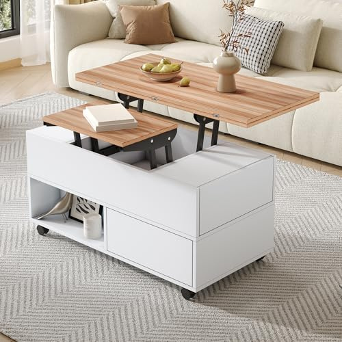 Mesa de centro 100 x 50 x 52 cm con 4 ruedas, mesa de salón multifuncional con 4 cajones, mesa de café elevable, mesa de sofá regulable y mesa de comedor con espacio de almacenamiento, color blanco +