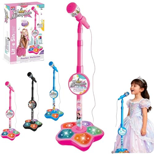 The Microphone Toy for Kids with Stand, Built-in Music, Colorful Lights & Echo Effects, Portable Karaoke Machine for Singing & Music Play (#A)