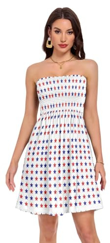 FRODOTGV Axelbandslös bandeau-klänning böjd fåll design matchande tryckt klänning enkel skötsel tvättbar 95 % polyester 5 % spandex sommarkläder storlek liten, Lojala stjärnor, L