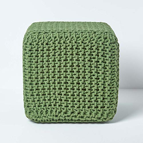 Homescapes - Pouf poggiapiedi lavorato a maglia, riempimento 100% cotone, per salotto, stanza di bambini o anziani, colore: Verde Cube - 35 x 35 x 35 cm verde