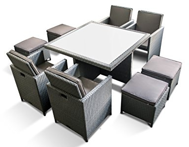 Ragnarök-Möbeldesign PolyRattan - DEUTSCHE Marke - EIGNENE Produktion - 8 Jahre GARANTIE auf UV-Beständigkeit Gartenmöbel Essgruppe Tisch + 4 Stühle & 4 Hocker 12 Polster Platinum Grau