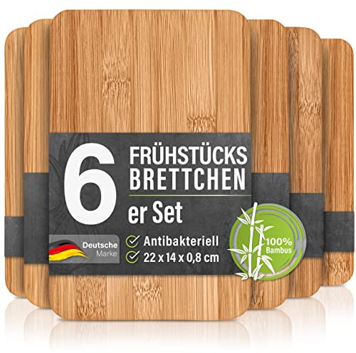 6er-Set Frühstücksbrettchen aus Bambus Holz - 22x14x0,8cm Holzbrettchen Set Brettchen Frühstücksbrett Holzbrett