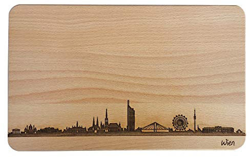 Brotzeitbrett Wien Skyline | Frühstücksbrettchen aus Buche | Holz Schneidbrett | Geschenk mit Gravur | Frühstücksbrett | Österreich (Brett L (26x16x1,5cm), 1. ohne persönlicher Gravur)