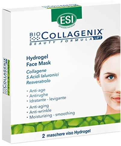 ESI, Biocollagenix Hydrogel Face Mask, Maschera Viso al Collagene, Acido Ialuronico e Resveratrolo, Effetto Antirughe, Idratante e Levigante, Dona una Pelle Elastica e Idratata, 2 Maschere