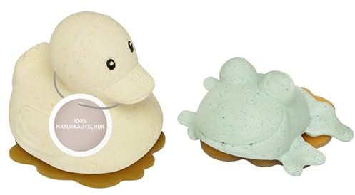 HEVEA Wasserspielzeug Geschenkset mit Quietscheente & Frosch I Upcycling Badewannenspielzeug aus 100% Naturkautschuk I plastikfrei & mit Anti-Schimmel Verschluss I In den Farben „Sand“ & „Sage“