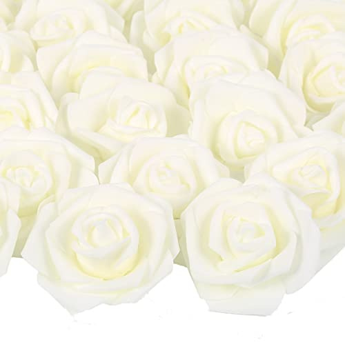 Artificial Rose Flowers, 100 pcs Foam Rose Bulk Ivory Fake flower heads for DIY Wedding Bouquets Rose Wall kissing balls Bridal Shower Centerpieces Arrangements Party Tables Decorations(Ivory)