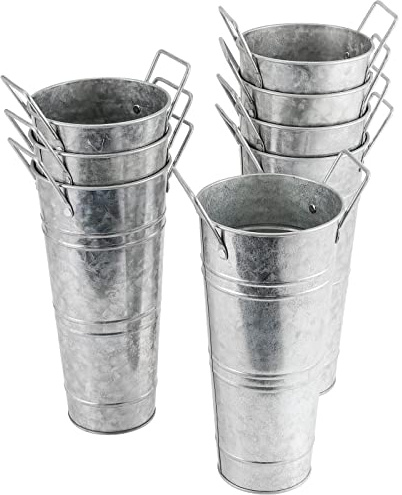 SEHOI 8 Pack 9 Inch Galvanized Metal Farmhouse Flower Vases, Vintage Decorative French Flower Vase with Handles, Galvanized Metal Planter Bucket for DIY Craft and Floral Projects