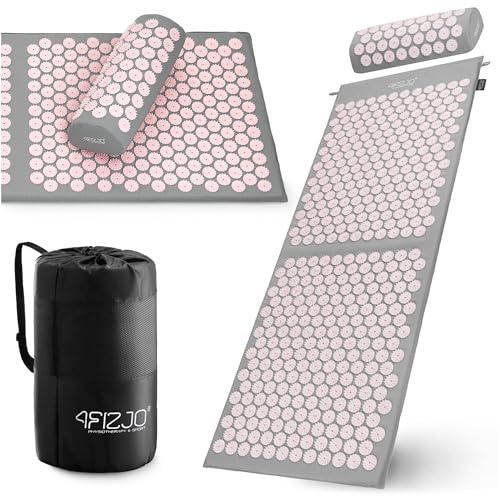 4FIZJO Akupressurmatte & Kissen XL, 110x42x2 cm, mit Tragetasche, Polyurethanschaum, Hypoallergen, 15330 Stacheln, Massagematte für bessere Durchblutung, Muskeln Entspannung, Farbe: Grau und Rosa