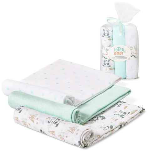 Interbaby Muselinas Bebe Algodon 80x80cm | Pack 3 Gasas para Bebes Recien Nacidos, Lactancia, Toalla, Manta | Muselinas Bebe Cómoda, Suave, Transpirable | Diseño Panda Verde