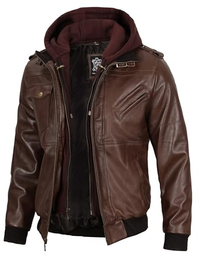 fjackets Leather Bomber Jacket For Men - Edinburgh Dark Brown Real Leather Removable Hood Jacket Mens | [1112375] XL