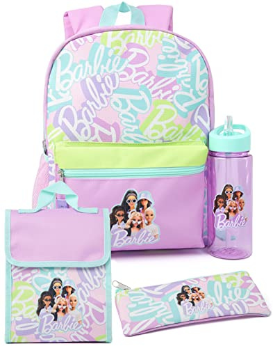 Barbie Girls 4 Piece Backpack Set | Logotipo de Las muñecas de Moda Purple Rucksack Lunch Bag Pencil Case Water Bottle | Regalos de Mochila para el Regreso a Clases