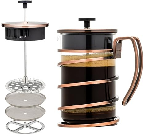 OVENTE French Press Coffee Maker 27 Ounce with Heat Resistant Borosilicate Glass, Stainless Steel Design and 4-Level Filter System, Portable Cold Brewer Pot for Travel, Camping or Gift, Copper FSW27C
