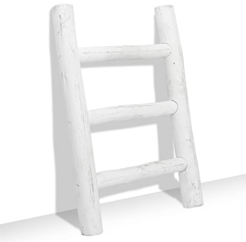 FUIN Fully Assembled Wooden Tea Towel Ladder, Mini Ladder Towel Rack Display Hanger, Small Rustic Farmhouse Tea Towel Stand Holder for Country Bathroom Decor, White