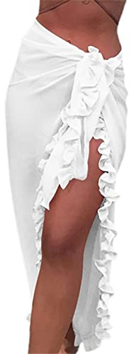 Edhomenn Women Long Beach Sarong Sheer Long Swimsuit Cover Ups Solid Color See-Through Bikini Wrap Skirt Vacation Holiday Beachwear (White, One Size)