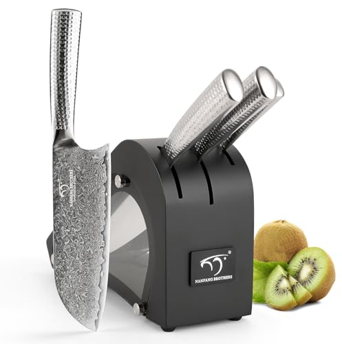 NANFANG BROTHERS Damaskus Küchenmesser Set VG10 Stahl 67 Lagen Superior, Damaskus Kochmesser mit gehämmerten Griffen und Holzblock-Schwarz