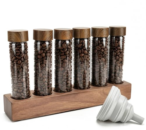 Primst Glass Coffee Beans Storage Tubes, Single Dose Coffee Bean Storage Coffee Bean Cellars with Wooden Stand and Funnel for Cafe, Kitchen (6 tubes-22g)