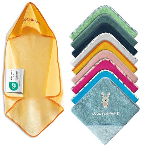 my STITCHERY Kapuzenhandtuch Baby mit Namen Bestickt, Oeko-TEX® Standard 100 - Personalisiertes Babyhandtuch mit Kapuze aus Reiner Baumwolle mit gesticktem Namen und Motiv (Gelb, 80 x 80 cm)