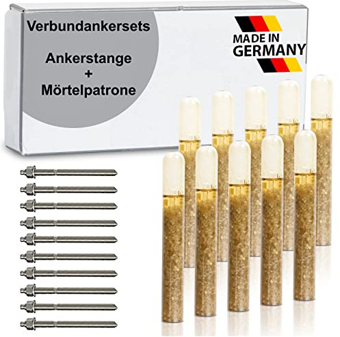 dubaust Sets Schwerlast Klebeanker Verbundanker Ankerstange + Mörtelpatrone Stahl Verzinkt/Edelstahl A4 / Feuerverzinkt M8 - M30 (Stahl Verzinkt, 10x M16 x 350 mm)