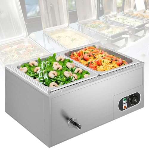 OmePS Tavolo a Vapore Commerciale per Buffet Bagnomaria da 800 W, Scaldavivande Elettrico Commerciale da 110 V, Scaldavivande in Acciaio Inossidabile a 2 Piastre di Grande capacità da 15 Litri