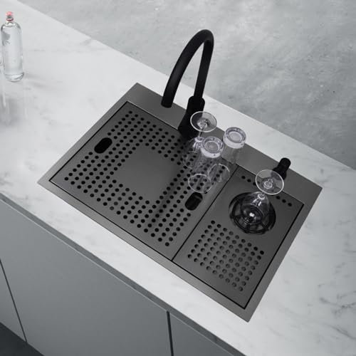 Fregadero Negro con Escurridor Fregadero Cocina 1 Seno, Lavabo Cocina Multifuncion Fregadero Oculto con Tapa,520 * 390mm