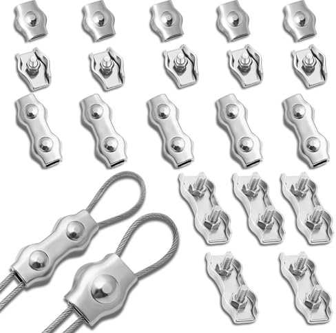 20 Stück Drahtseilklemme M3, Seilklemme 3mm Drahtseilklemmen 304 Edelstahl Drahtseile Clip für Stahlseil Wäscheleine Markise Fixiert (10 x Duplex Klemme +10 x Einzelklammer)