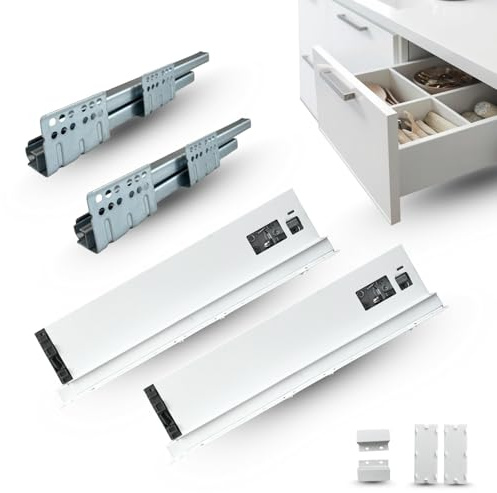 Cajón en kit de extracción total para habitación, baño, cocina u oficina – Nuevo diseño slim, carga 40 kg, guías sincronizadas (H 88 mm – P 500 mm blanco)