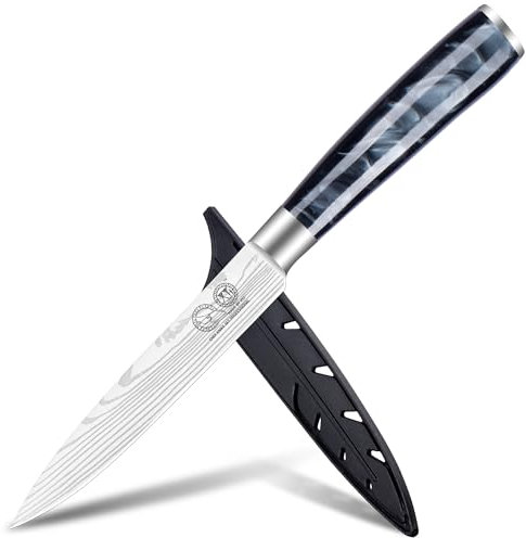 XYJ Coltello da Cucina Utility, Coltello da Bistecca 5 Pollici in Acciaio Inossidabile, Motivo Laser Damascus, Coltello da Chef Giapponese, Coltello da Carne con Coperchio, Impugnatura in Resina