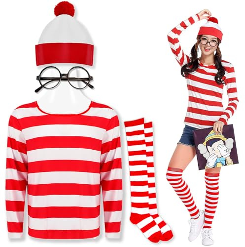 Feeziloe Women Where's Wally Costume, Top Hat Glasses Socks Costume Set, Red and White Top Fresher Costume World Book Day Costumes Fancy Dress