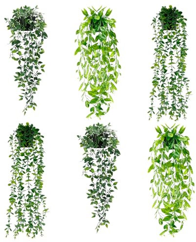 OT-NVWOZR 6pcs Artificial Plants Indoor Outdoor, Fake Hanging Plants with Pot, Faux Plants Greenery for Wall Decor, Fake Ivy for Bathroom Living Room Decorative Home Accessories