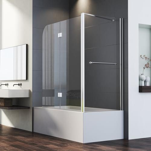 Duschwand für Badewanne mit Seitenwand 70x120x140cm 2-teilig Faltbar Duschtrennwand, Duschabtrennung mit 6mm Nano EGS Sicherheitsglas, Badewannenwand Glastrennwand Seitenwand mit Handtuchhalter