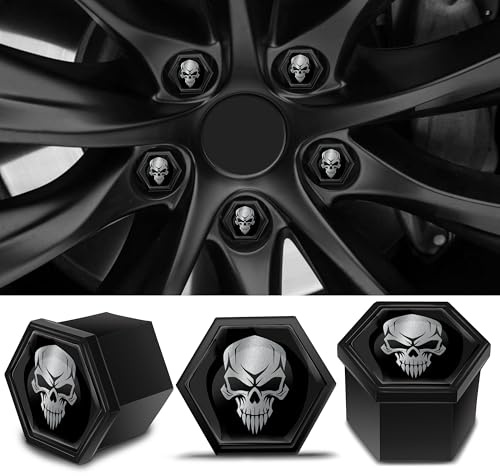 Biomar Labs 19mm Radmutterkappen Set – 16 Schraubenkappen + 4 Verriegelungsbolzen – Hochwertige Kunststoff mit zahlreichen einzigartigen Designs Schädel Totenkopf in Silber-Schwarz LB 20
