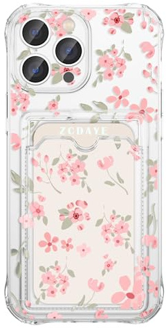 ZCDAYE Hülle für iPhone 13 Pro Max mit Kartenhalter, Süße Blumen Muster Handyhülle TPU Klare Hülle Elegant Frau Damen Handytasche Stabil Edel Tasche für iPhone 13 Pro Max, Sanftes Rosa