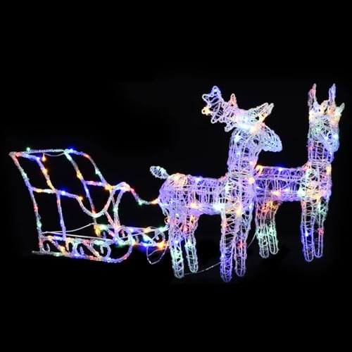 Homgoday Rentiere & Schlitten Weihnachtsdekoration Beleuchtet Weihnachtshirsch Weihnachtsfigur Weihnachtsdeko Weihnachtsbeleuchtung für Außen und Innen 160 LEDs 130 cm Acryl Mehrfarbig