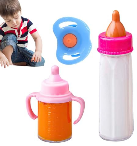 Puppe Stillflasche - 3 Stück sichere magische Puppen-Milchflaschen - Rollenspiel-Fütterungsspielzeug-Set mit verschwindenden Milch- und Saftflaschen mit Schnuller für Puppenzubehör
