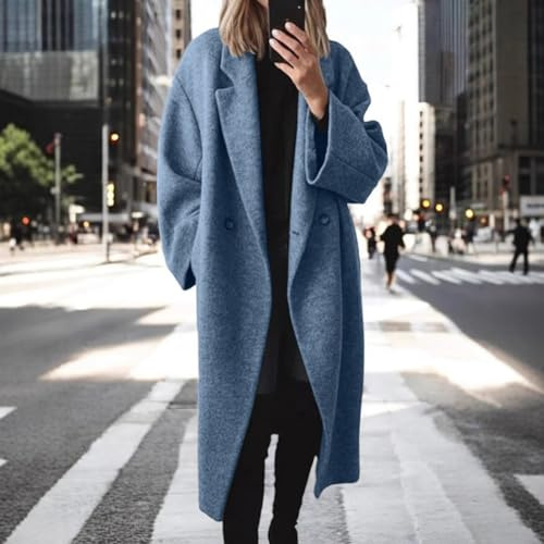 Vinterrock i ullmode mångsidig lång trenchcoat för kvinnor, ny, höst vinter, ullrock, mode, mångsidig, lång trenchcoat (L blå)