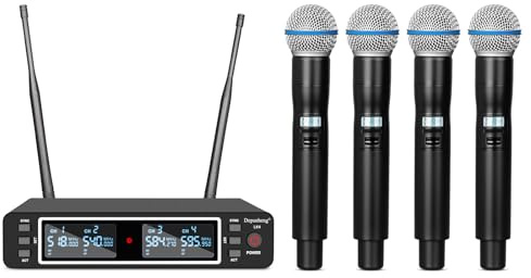 Depusheng LK4 Pro Kabelloses Mikrofonsystem, 4-Kanal UHF einstellbare Frequenzen, schnurloses Mikrofon mit 4 dynamischen Handmikrofonen, 260 Fuß Reichweite, Mikrofon für Gesang, Kirche, Karaoke, Party