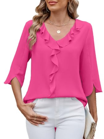ROFUSSO Top Camicetta da Donna Top Elegante a Maniche Lunghe Top Camicetta Business Camicetta con Maniche a 3/4 e Scollo a V con Volant Camicetta Estiva Casual