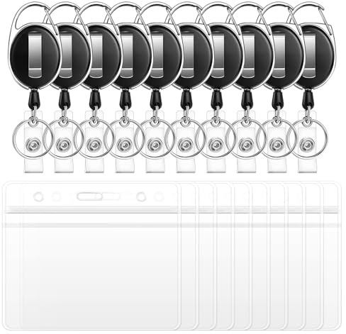 JEFURE Portachiavi Retrattile Confezione da 10, Porta Badge Allungabile con Trasparentes Porta Tessere, Portachiavi Allungabile con Cordino Estensibile da 63 cm, Portachiavi Estensibile