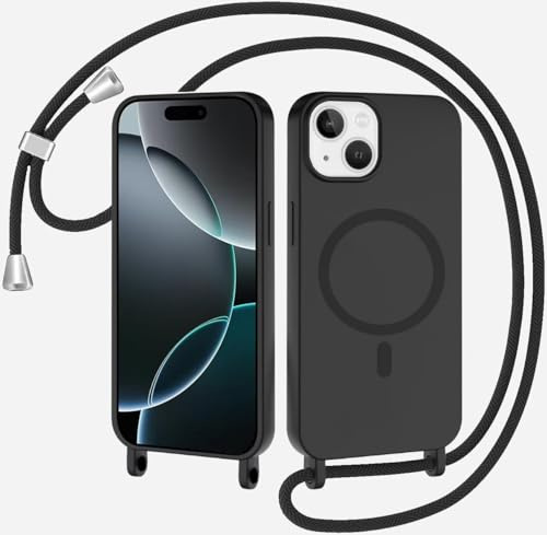 SLWYF Magnetische Handykette für iPhone 13 Hülle mit Band, Handyhülle Kompatibel mit MagSafe, Silikon Seil Necklace Handyhülle PU Stoßfest mit Abnehmbar Kordel zum Umhängen Case - Schwarz
