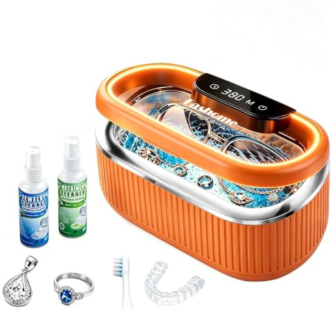 Fashome Ultrasonic Cleaner, 45kHz 3 Modes, 550ml Stainless Steel Tank with 2 × 100ml Cleaning Solution, Suitable for Jewellery, Glasses, Rings, Dentures, Elegant Gift Box- Orange